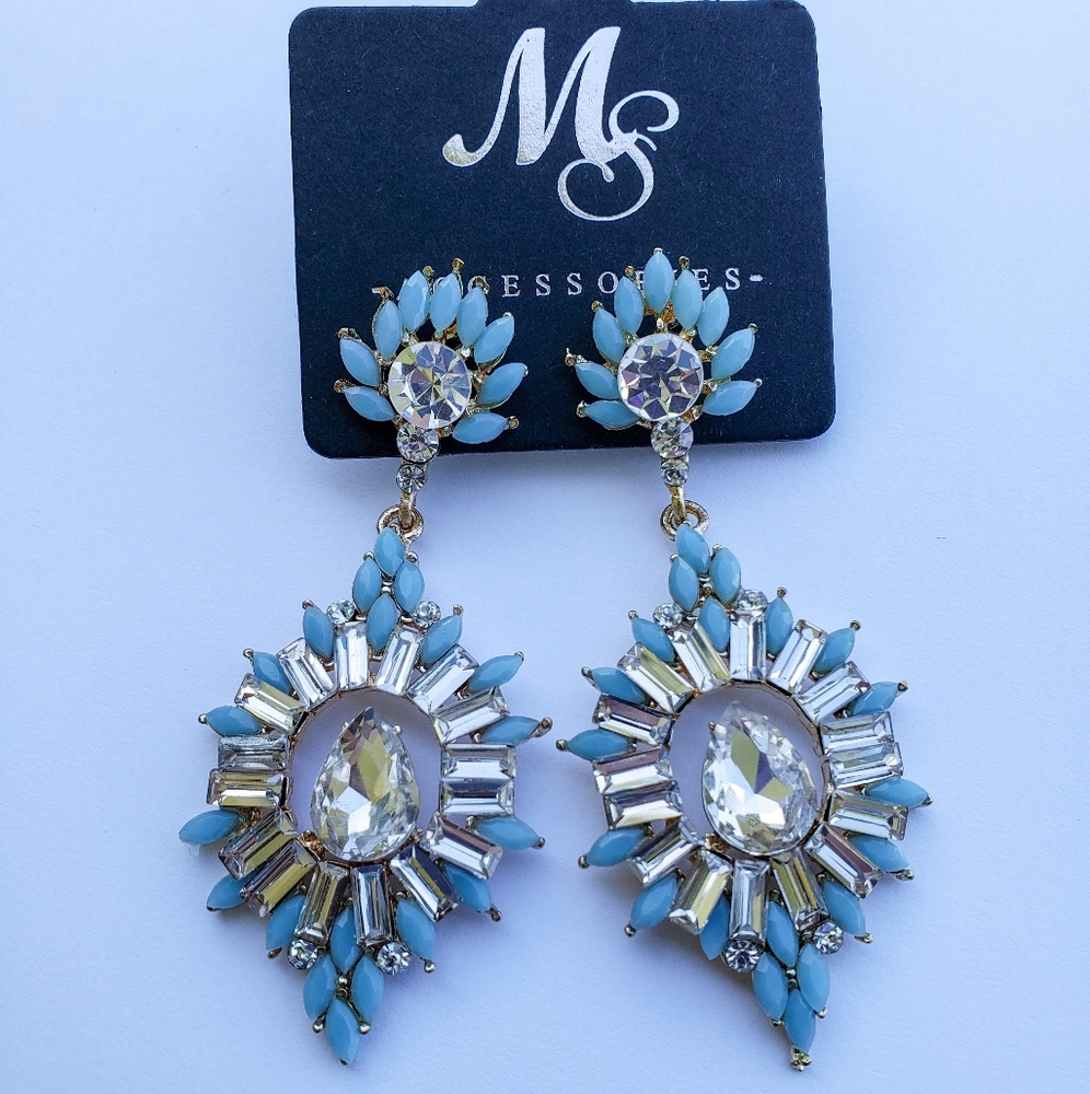 Gorgeous Blue Gold Drop Statement Earrings